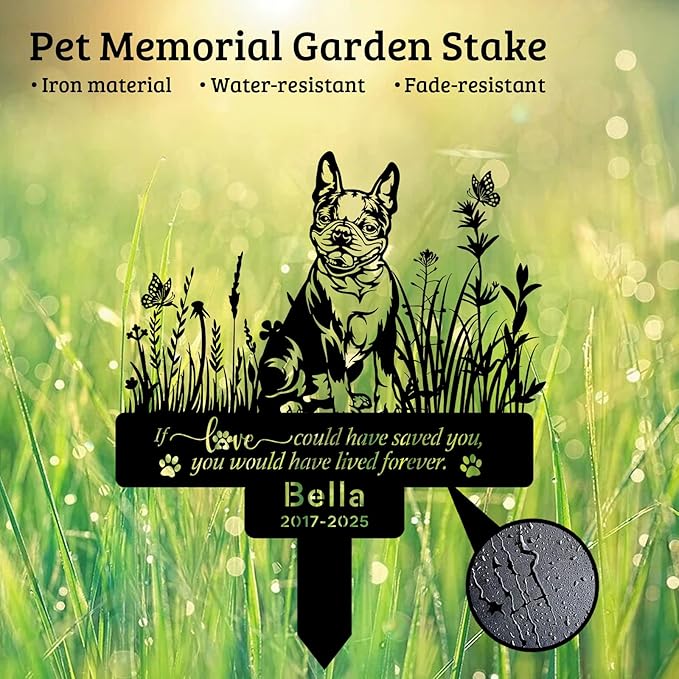 Custom Boston Terrier Memorial Stake – Personalized Pet Grave Marker Tombstone for Boston Terrier, Outdoor Garden Metal Sign, Dog Remembrance Plaque, Pet Boston Terrier Loss Gifts