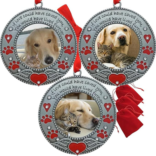 Pet Memorial Photo Ornament - Dog or Cat - Set of 3 - Enameled & Jeweled with Red Hearts, Angel Wings & Paw Prints - Gift/Storage Bag Included - 3" D and Holds a 2" D Photo