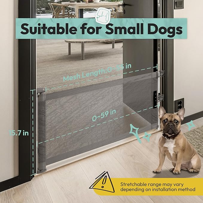 15.7" H Mesh Short Dog Gate, Extends Up to 59" W Retractable Pet Gate with Drill Installation, Small Dog Gate for Stairs, Easy Step Over Low Puppy Gate for Doorways Indoor Outdoor, Grey
