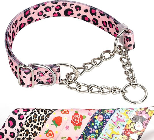 Pink Leopard Martingale Dog Collar, No-Pull Training Collar with Chain, Soft & Durable Design for Medium, Large & XL Dogs (Pink Leopard Medium )
