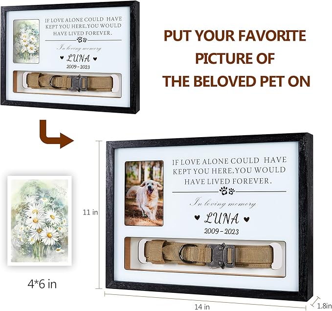 Pet Memorial Picture Frame Dog Collar Shadow Box 14"x11", Sympathy Remembrance Gift Keepsake for Loss of Dog or Cat, for Most Large Size Collars