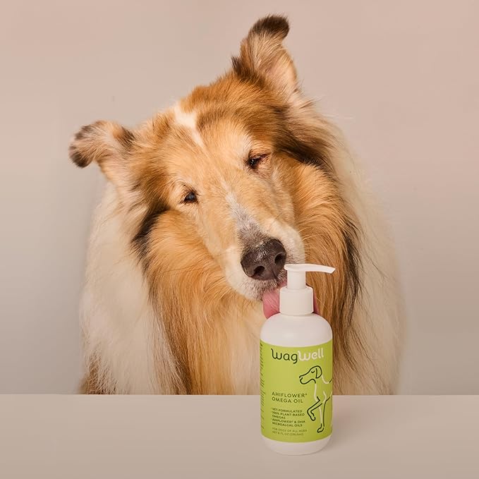 WagWell Ahiflower Omega Oil for Dogs | Vet-Formulated Health Supplement for Joints, Skin, Coat | Plant-Based Omega 3-6-9 Food Topper | for Dogs of All Ages & Sizes, All Natural, Made in USA | 8 fl oz