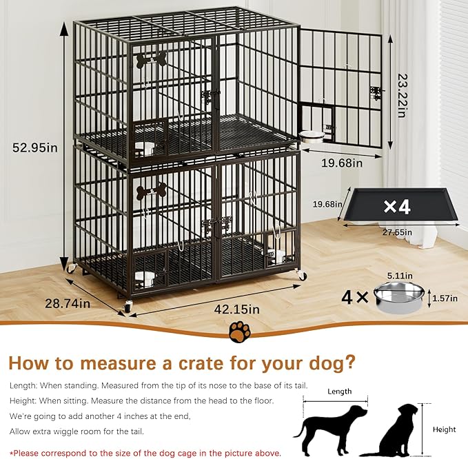 42 inch Stackable Heavy Duty Metal Dog Crate for 4 Dogs/Large Dog,All Metal Open Top Access,Escape Proof Cage,Dog Kennel Indoor with Wheels,Floor Grid, Tray, Divider and Feeding Bowl