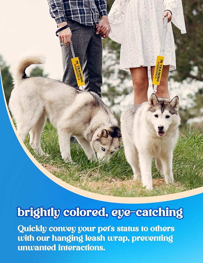 in Training Dog Leash Sleeve - Funny Yellow Alert Wrap with Hanging ID Patch Tag | Service Dog Leash Accessory, Perfect Pet Birthday Gift for Dog Owners