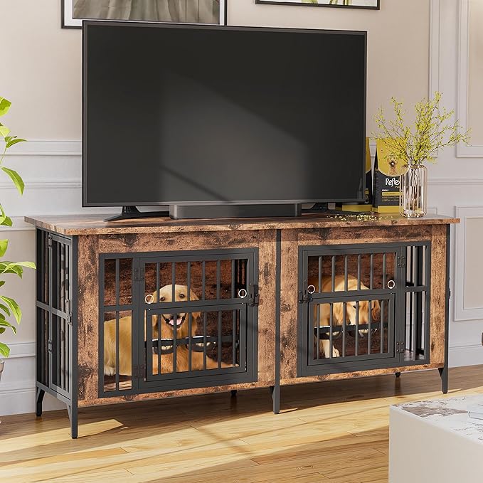 Grepatio 63" Double Dog Crate Furniture for 2 Dogs, Large Dog Kennel with 360° Rotating Feeder Bowls, Indoor Double Dogs Crates with 4 Doors, Wooden Crate TV Stand with Removable Divider
