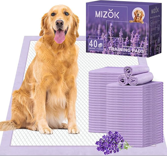 MIZOK Puppy Pads 28x34in Lavender Scented, Dog Pee Pads Extra Large Odor Eliminating Ultra Absorbent Up to 8 Cups, 6 Layers Leak-Proof & Quick-Dry Purple (40 Counts)