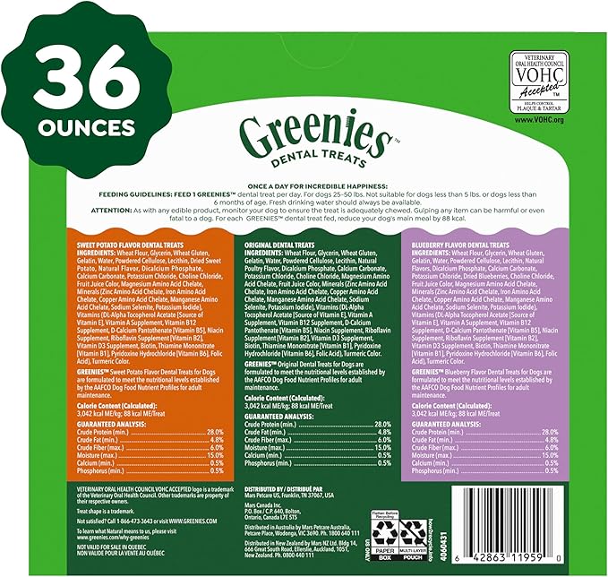 Greenies Veterinarian-Recommended Natural Dental Dog Treats, Dental Chews for Dogs, Regular Size, Variety Pack, (3) 12 oz. Packs, 36 Count