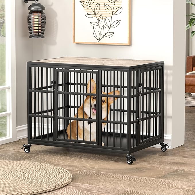VERIFURTY 30 Inch Heavy Duty Dog Crate Furniture with Self-Locking Latch for Medium and Small Dogs, Escape-Proof Dog Kennel Furniture Indoor, Decorative Pet Cage End Table, Grey