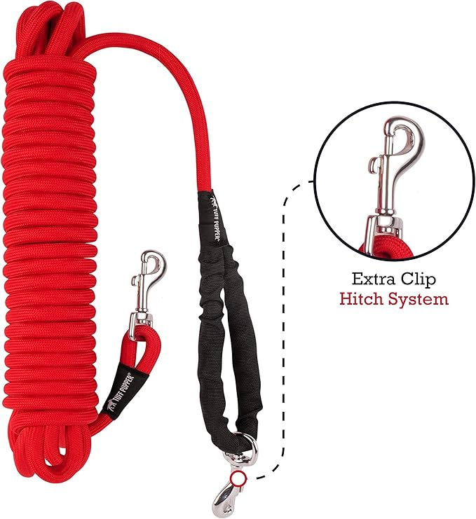 Tuff Pupper Heavy Duty 30 Foot Long Rope Leash for Dogs | Dog Recall Training Lead | High Visibility Strong Climbing Rope Leash | Hand or Waist Worn | Stainless Steel 360° Clips for Tangle Free Use