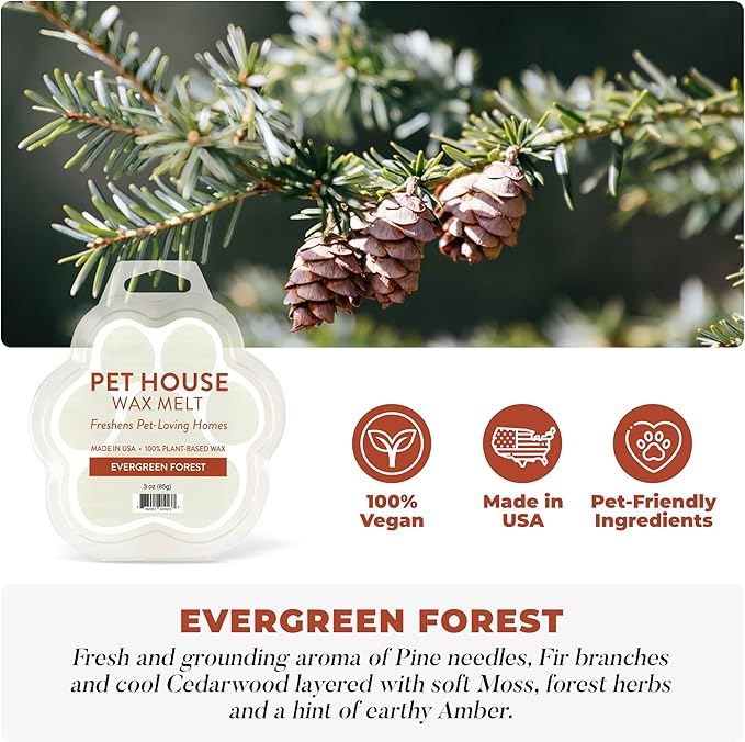One Fur All Pet House Scented Wax Melts, Natural, Plant Based Soy Wax Melt for Pet Odor, Long Lasting Fragrance for Fresh Smelling Homes, Evergreen Forest, Pack of 2