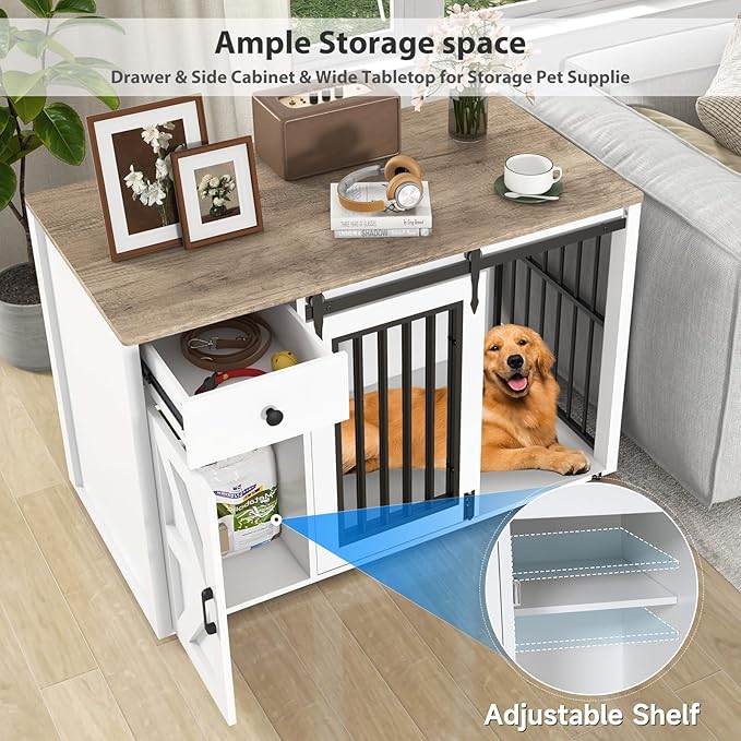 Verano Garden 44" Dog Crate Furniture, Heavy Duty Dog Kennel Indoor, 2-in-1 Furniture-Style Dog Crate with Storage Drawer & Cabinet for Small Medium Dogs, White (44" Left Facing Door)