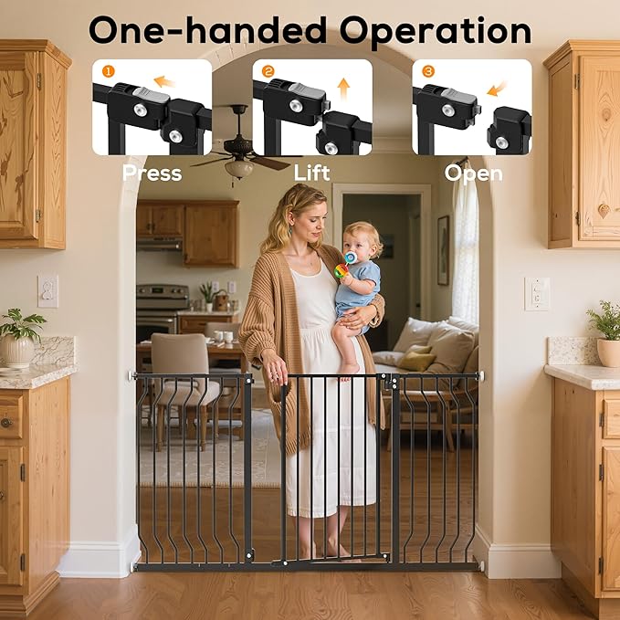 29-53" Baby Gate for Stairs, Baby Safety Essentials, Auto Close Gate for Doorways, Easy Install Pressure Mounted Dog Gate Indoor, Pet Gates for Dogs, Black