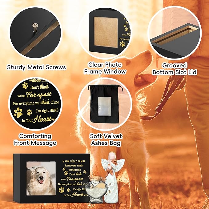 Pet Memorial Urn with Photo Frame, 110 Cubic Inches Wooden Pet Cremation Urn for Dogs & Cats, Sympathy Gift Set with Angel Figurine, Fur Keepsake Bottle & Ashes Bag