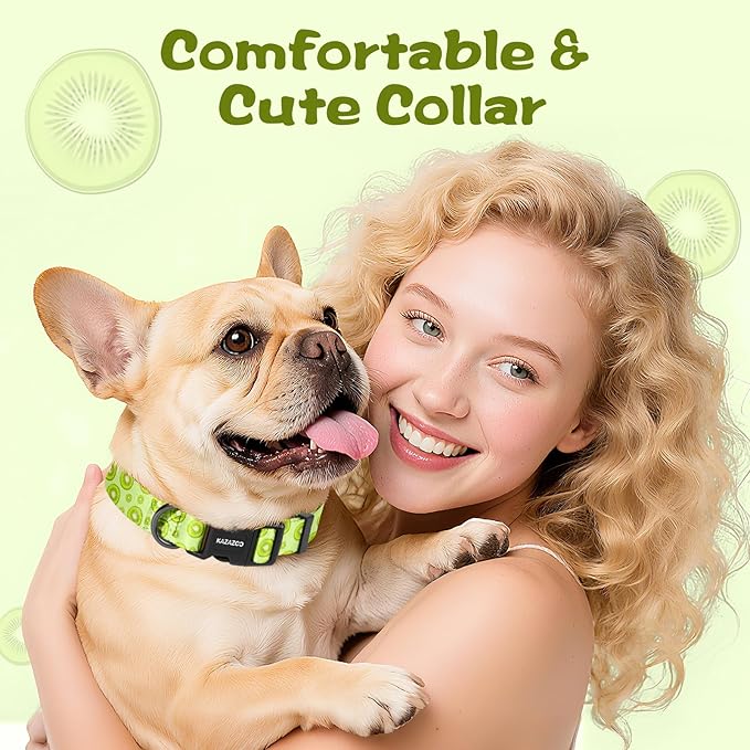 Kazazoo Dog Collar Cute and Soft Nylon Puppy Collar for Boy and Girl, Adjustable Dog Collars for Medium Large Dogs, Kiwi Fruit-L