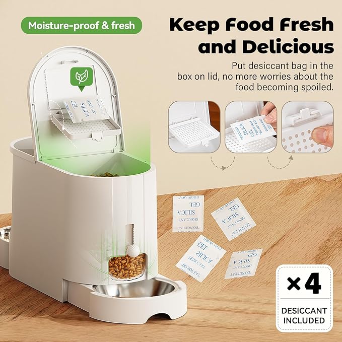 Automatic Cat Feeder 2-in-1 Set, Gravity Cat Food Feeder and Water Dispenser, Dog Feeding & Watering Supply with Stailess Steel Bowls, Large Capacity Low Noise, White