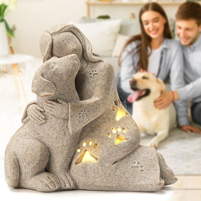 INLOMEM Dog Memorial Gift, Granite Sculpture, Hand-Sculpted Resin Pet Loss Sympathy Gift with LED Candle Holder, Home Decor for Pet Owners