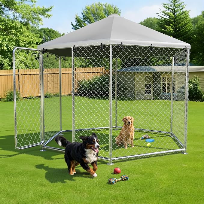 6.8'x6.8' Large Outdoor Dog Kennel for Outside with Heavy-Duty Steel Frame, Waterproof UV-Resistant Cover, Secure Lock, and Sturdy Enclosure Fence