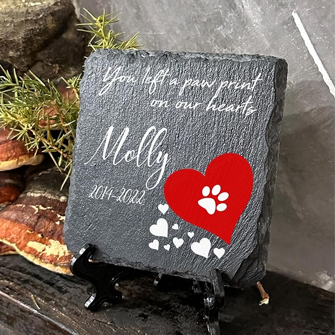 Personalized Individual Square Memorial Plaque + Stand for Pet Cat Dog Slate Stone Frame Paw Grave Marker - Size 3.94" x 3.94" or 100 x 100 mm - Red Heart