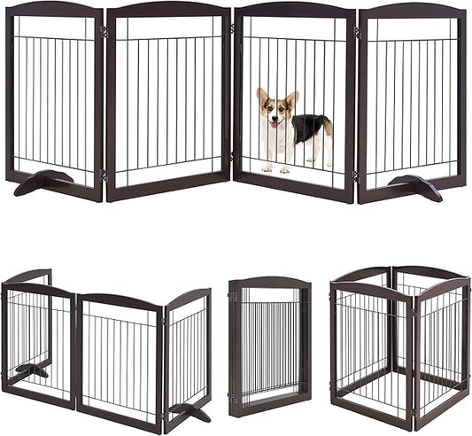 Yaheetech Extra Wide Dog Gate Freestanding Pet Gate for Dogs,Foldable Puppy Fence with Support Feet Suitable for Doorway, Stairs,98 in Wide 32 in Tall (4-Panel,Espresso)