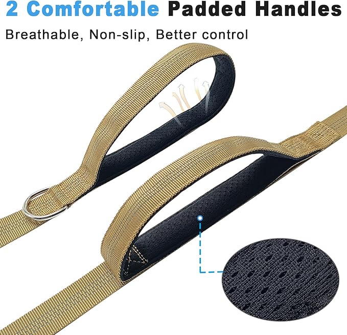 5FT Double Handle Tactical Dog Leash with Shock Absorption, Reflective Heavy Duty Bungee Dog Leash for Medium Large Dogs No Pull Walking Training, Coyote Brown