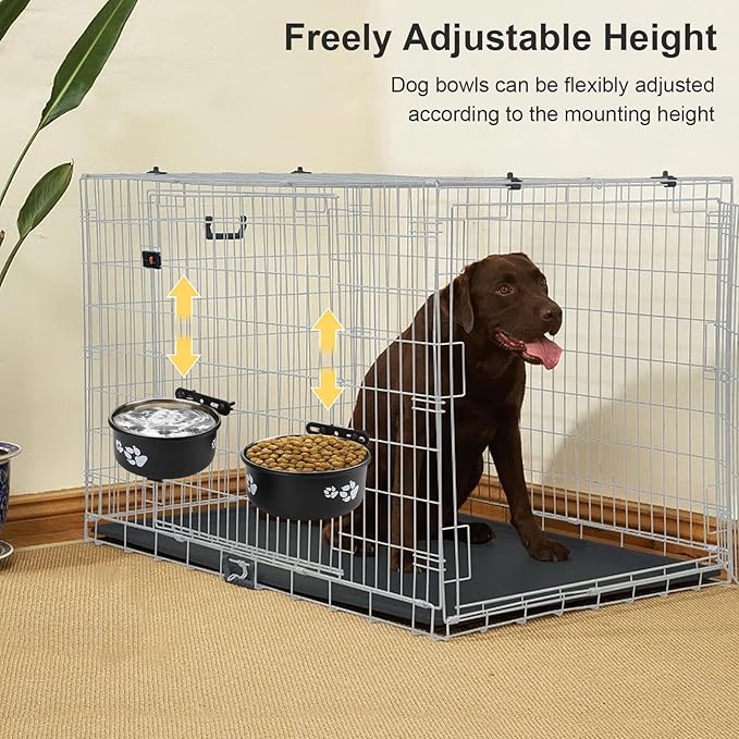 Stainless Steel Dog Crate Bowls Hanging No Spill 2 PCS - Adjustable Mountable Kennel Bowls for Medium/Large Dogs, Anti Spill Water & Food Bowl Set (Black, L(6.3"+7.1"))