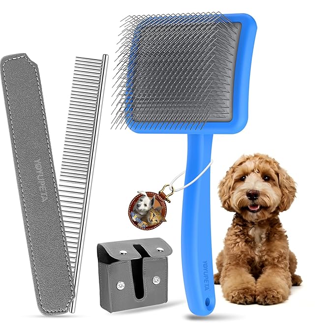 Large Slicker Brush for Dogs,Doodle Brush for Poodles, Goldendoodles, Labradoodle, Extra Long Pins for Detangling Matted Fur & Removing Tangle, Dog Grooming Kit with Wooden Handle. Blue