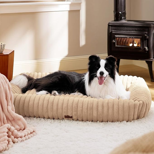 Bedsure ComfyFleece™ Washable Dog Bed for Medium Dogs - Cute Furry Puppy Beds, Rectangle Orthopedic Corduroy Fleece Pet Beds with Removable Zipper Cover, 43x30x8inches, Sandy Beige