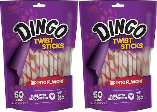 Dingo Twist Sticks, Premium Rawhide Treats for Dogs Made with Real Chicken, 50 Count (Pack of 2)