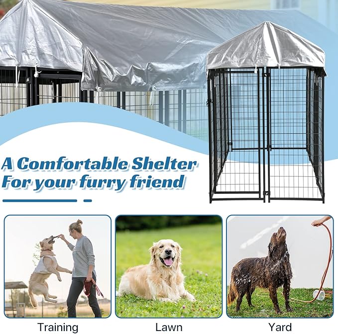 Large Dog Kennel Outdoor 8'L x 4'W x 6'H, Extra Large Welded Wire Pet Cage Playpen with UV Protection Waterproof Roof Heavy Duty Galvanized Metal Dog Run Enclosure for Outside