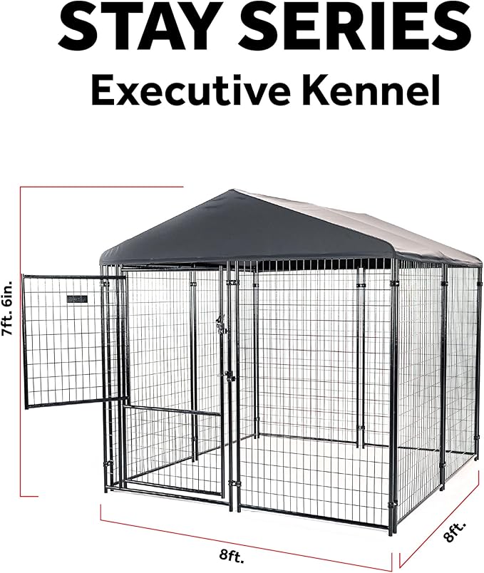 Lucky Dog Stay Series 8 x 8 Feet Executive Black Powder Coat Steel Frame Outdoor Dog Kennel with Waterproof Canopy Roof and Single Gate Door, Grey