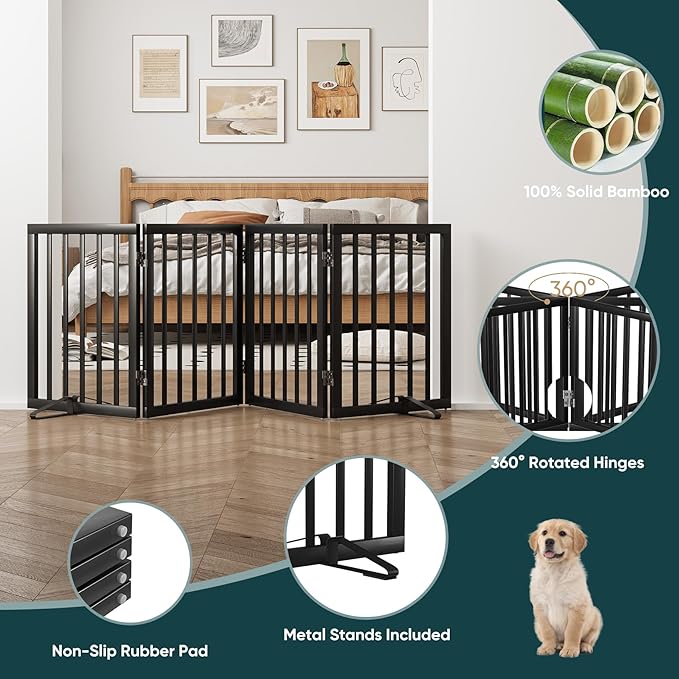 Semiocthome Solid Bamboo Dog Gate with 2 Stands, Freestanding Pet Gates for Doorways and Stairs, 24" Height-4 Panels Puppy Gate for the House, Fully Assembled Indoor Gate Adjustable Safety Fence-Black