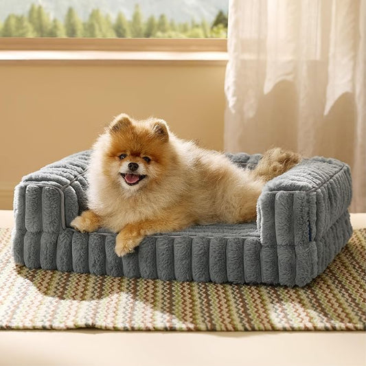 Bedsure ComfyFleece™ Orthopedic Dog Bed for Small Dogs, Waterproof Memory Foam Small Pet Beds with Sides, Non-Slip Bottom and Egg-Crate Foam Medium Dog Couch Sofa with Washable Corduroy Cover, Grey