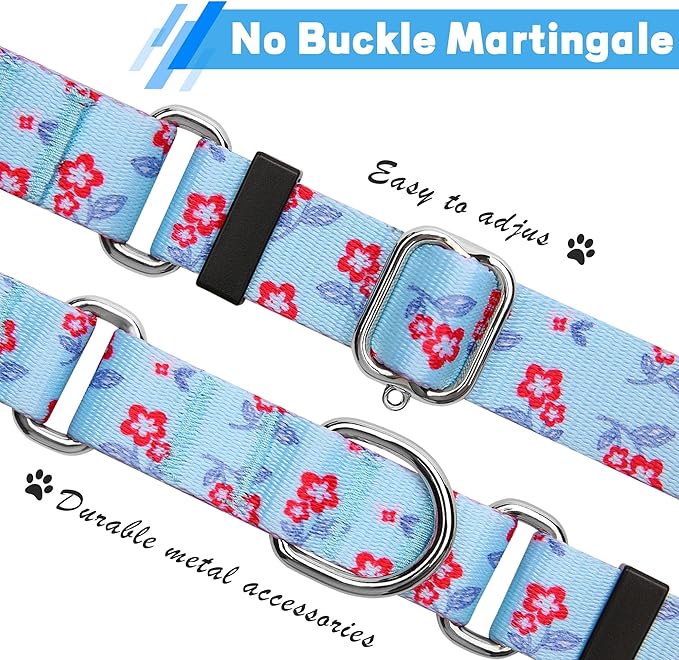 Hikiko Martingale Dog Collar with No Buckle Cute Girl Flower Dog Collars Comfortable Nylon Choke Collar for Medium Dogs,Light Blue Flower,M