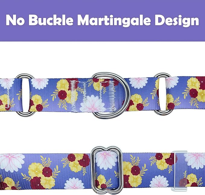 Martingale Dog Collar, Adjustable Soft No Pull Training Collar with No Buckle, Floral Pattern No Slip Martingale Collars for Large Dogs (1" Width L)