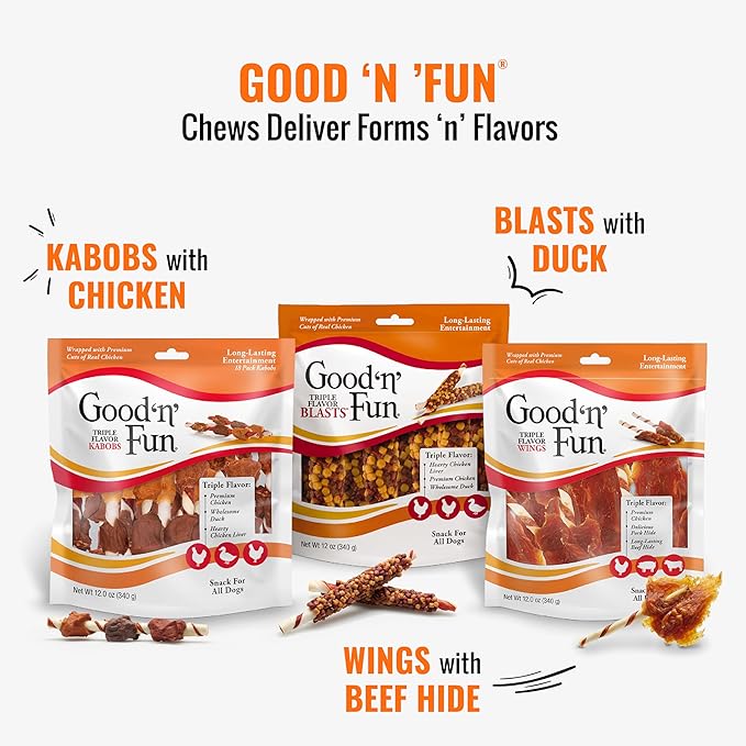 Good 'n' Fun Triple Flavor Wings Chews for All Dogs, 4 Ounces, Treat Your Dog to Long-Lasting Chews Made with Chicken, Beef Hide and Pork Hide (Pack of 2)
