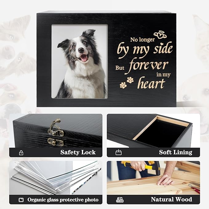 Pet Urns for Dogs or Cats Ashes with Photo Frame, Wooden Memory Box for Keepsakes with Black Flannel as Lining, Pet Memorial Gifts for Dogs (Black X-Large)