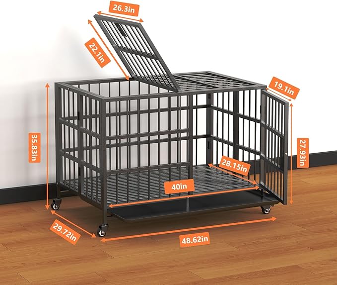 48Inch Heavy Duty Dog Crate, Rust Resistant Folding Metal XXXL Widened Base Dog Kennel, Upgraded Latch, Removable Tray, and Wheels with Brakes, Suitable for Medium to Extra-Large Dog