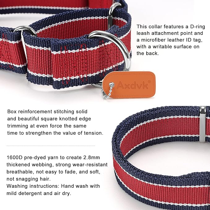 Martingale Collar 1.5 Inch Wide 1600D Extra Strong Anti Escape Nylon Dog Collar, No Pull Heavy Duty Pet Collars with 3-Color Stripe for Medium Dogs (M, Gray Blue & Black)