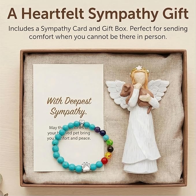 Pet Sympathy Gift for Loss of Dog,Angel Holding Dog Memorial Figurine with Rainbow Bridge Bracelet, Hand-Painted Remembrance Keepsake, Thoughtful Bereavement Gift