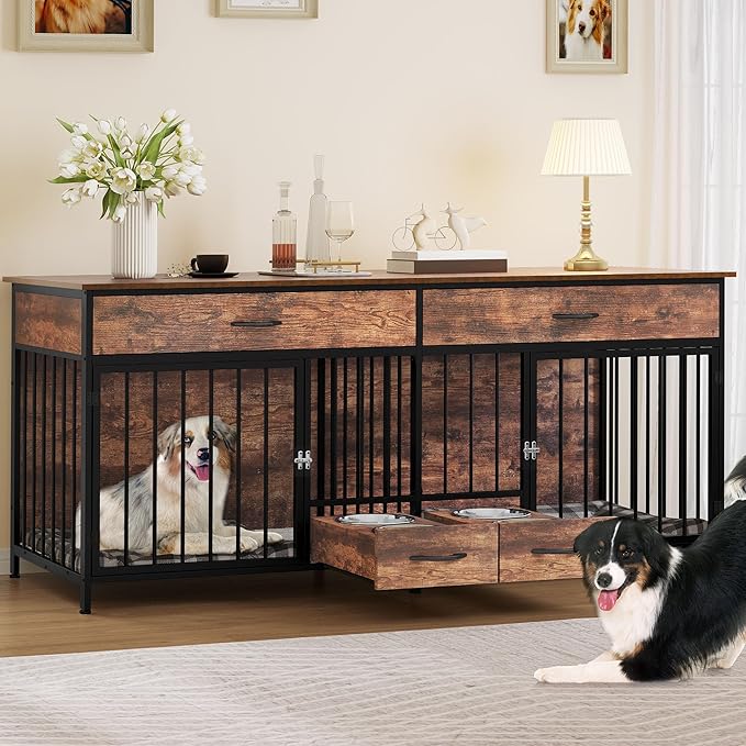 YITAHOME 74.8" Double Dog Crate Furniture with Dog Feeder, Heavy Duty Indoor Dog Kennel TV Stand with Drawers, Sturdy Dog Kennel with Divider for 2 Medium Large Dogs, Brown