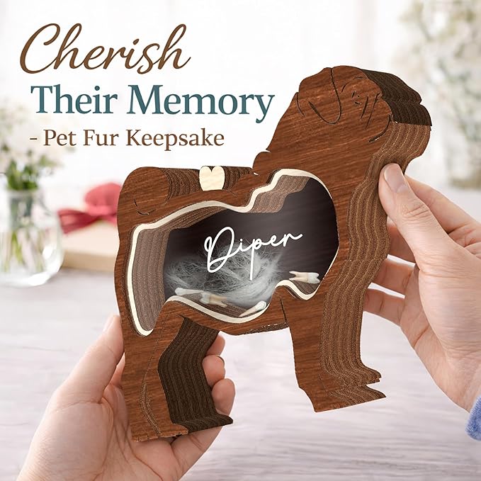 9" Pug Dog Hair Keepsake Box Wooden Pet Fur Gifts for Dog Cat Unique Dog Shape Standable Tabletop Decoration Pet Dog Memorial Idea Gift for Pet Lover Family Friends Storing Hair Teeth Ashes PS16-21L