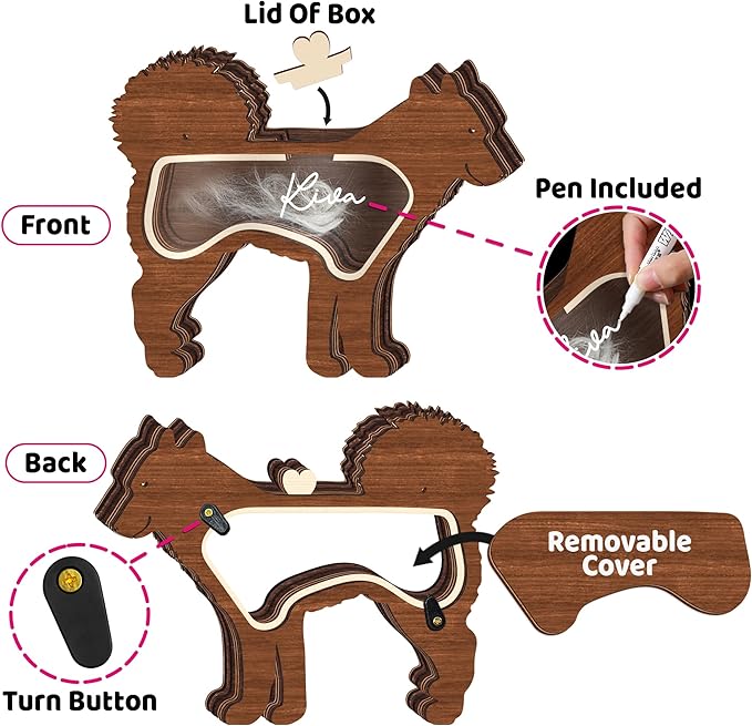 9" Siberian Husky Dog Hair Keepsake Box, Wooden Pet Urns for Dogs, DIY Pet Loss Sympathy Gifts, Unique Gift Dog Shape Standable Table Decor, Idea Gift for Pet Lover Storing Fur Teeth Ashes PSD6-33L