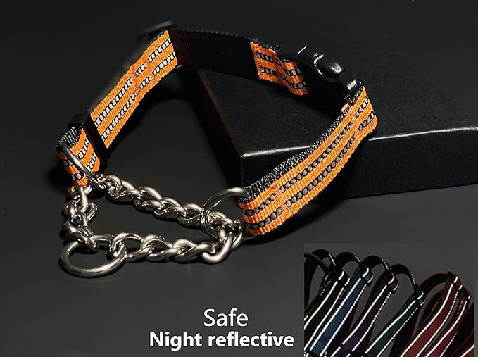 Martingale Collars for Dogs, Heavy Duty Stainless Steel Chain Training Collar, Reflective Nylon Adjustable Collar with Quick Release Buckle, Suitable for Puppy Medium Large Dogs (Orange, XS)