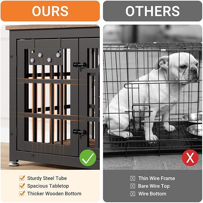Dog Crate Furniture with Name Tag, Dog Kennel Indoor with 360° Rotating Feeder and Adjustable Heights Bowls, Wooden Decorative Pet Cage End Table for Small Dogs, Rustic Brown 31.5" L