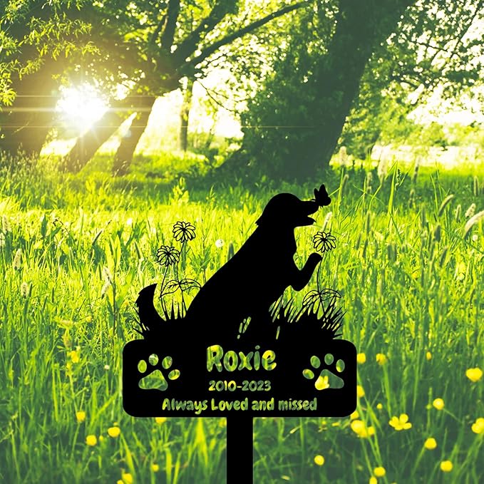 Personalized Flowers Dog Memorial Grave Marker Garden Stake, Custom Dog Memorial Grave Marker Burial Stake, Customized Metal Butterfly Dog Memorial Stake Plaque Outdoor Pet Headstone