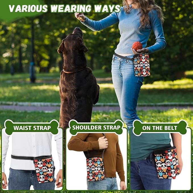Panda Hearts Animal Walking Snack Container Dog Treat Bag Drawstring Closure Pouch Training Treat Bag for Pet Food Toy, Pet Feed Snack Reward Pocket with Waistband
