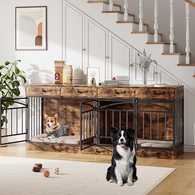 IDEALHOUSE 78.7" Double Dog Crate Furniture with Storage and 4 Doors, Dog Kennel Indoor with Feeding Bowls, Wood Dog Crate TV Stand for Small Medium Dogs, Brown