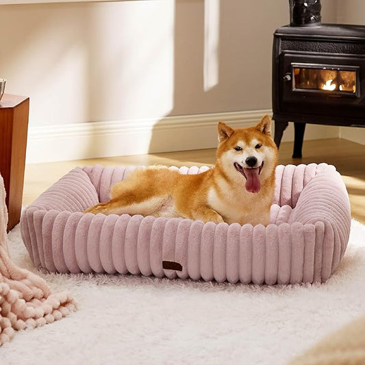 Bedsure ComfyFleece™ Cute Dog Bed for Large Dogs - Washable Furry Puppy Beds, Rectangle Orthopedic Corduroy Fleece Pet Beds with Removable Zipper Cover, 36x27x8inches, Blush Pink