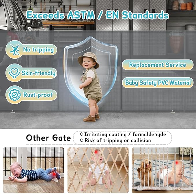 236'' Retractable Baby Gates Extra Wide, 42'' Extra Tall Retractable Dog Gate, 20 FT Grey Indoor/Outdoor Retractable Gate with Reinforcement Rods for Garage, Doorways, Stairs, Decks, Driveway, Patio