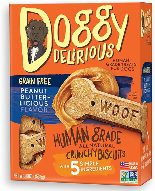 Doggy Delirious Crunchy Dog Treats – All Breeds & Sizes – Natural Puppy Snack – 100% Human-Grade – Grain-Free Peanut Butter Bones – 16 Oz, 1 lb Pack (1)